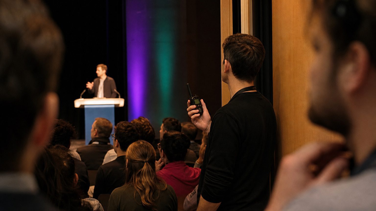 A stage manager standing in the wings of an auditorium holds a handheld timer at eye level while a presenter speaks at the podium fifteen feet away, mid-sentence, under a warm spotlight.