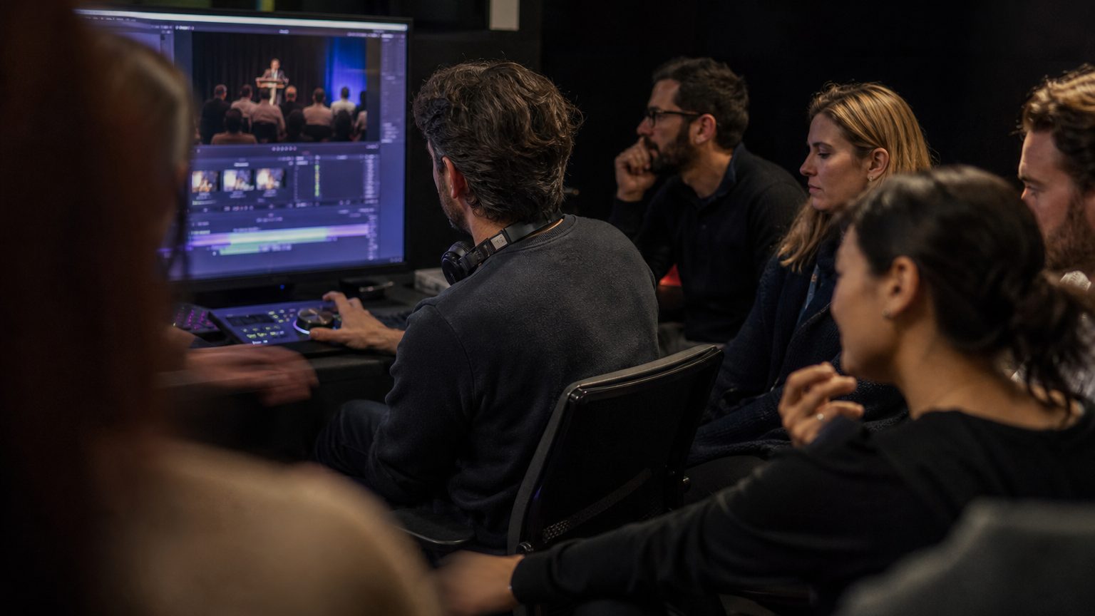 A video editor in a darkened edit suite scrubs through raw conference session footage on a large monitor, one hand on the jog wheel, headphones around their neck, speaker slides visible on screen.