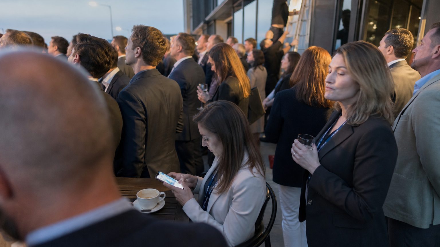A social media manager sits at an outdoor café table beside a conference venue's glass entrance, scrolling through a scheduled-post calendar on her phone while a banner crew works a ladder in the background, morning light cutting across the terrace.