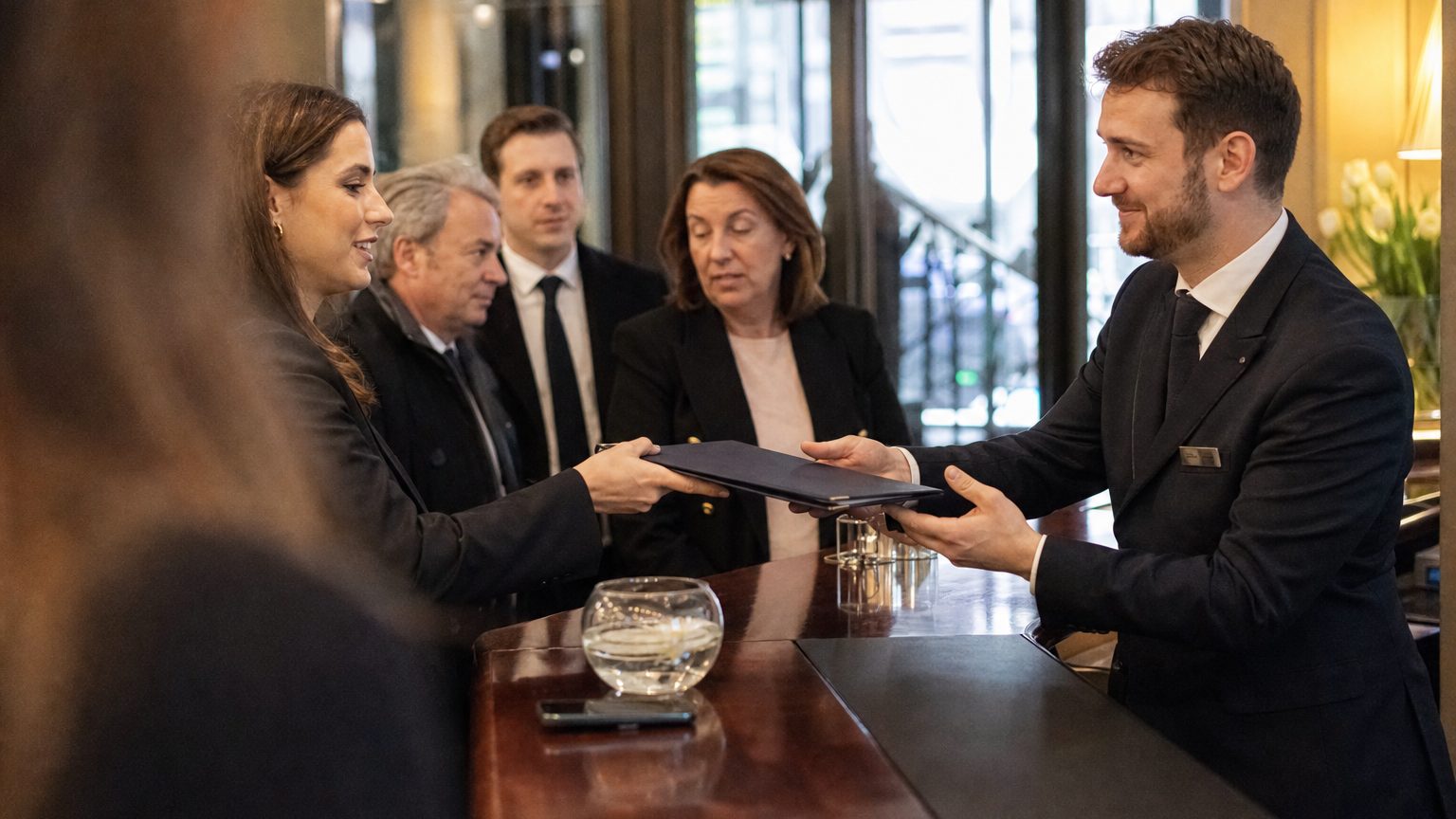 A hotel concierge desk in a European city, where a corporate event manager hands over a signed folder to a uniformed front-desk clerk, a currency exchange rate board visible on the wall behind them, afternoon light filtering through the lobby's glass doors.