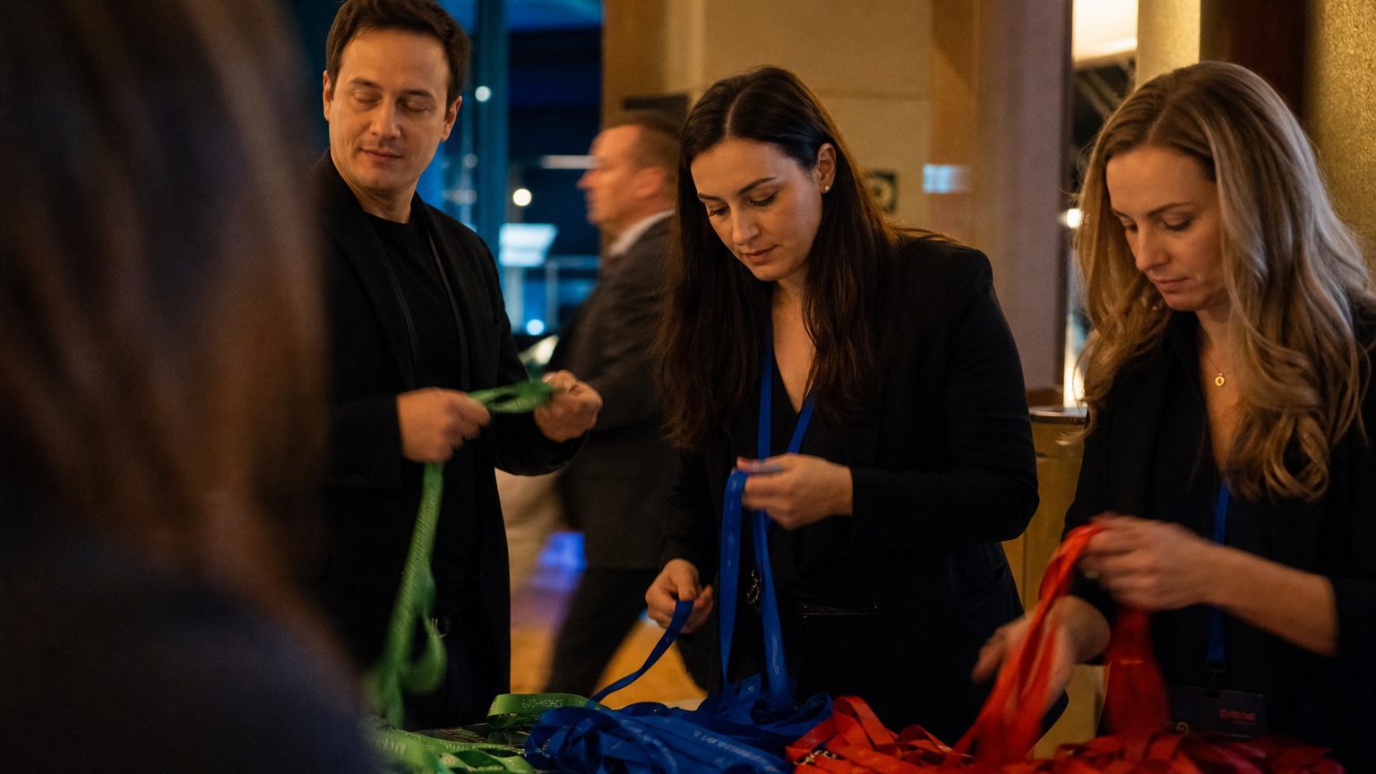 Three event staff members stand around a low table in a hotel pre-function corridor, each holding a different color-coded lanyard, sorting them into separate stacks before the doors open.