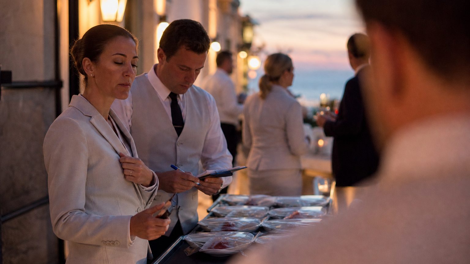 A catering supervisor counts meal covers on a resort terrace at dusk, ticking off a handheld clicker while a banquet captain beside her marks portion trays lined up along a service trolley ready for the dinner run.
