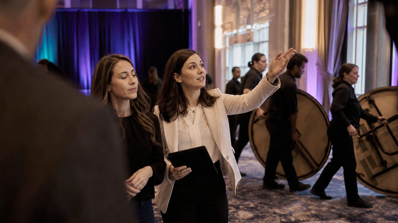 A hotel banquet manager walks a group events coordinator through an unset ballroom at midday, pointing toward the high windows while a team of staff carries folded rounds across the floor behind them.