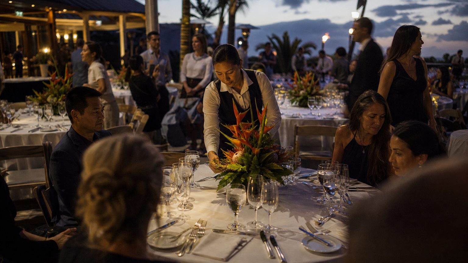 A banquet server arranges a single centerpiece of tropical flowers on a round table set for ten on an open-air resort terrace at dusk, the surrounding tables already dressed identically, candles unlit.