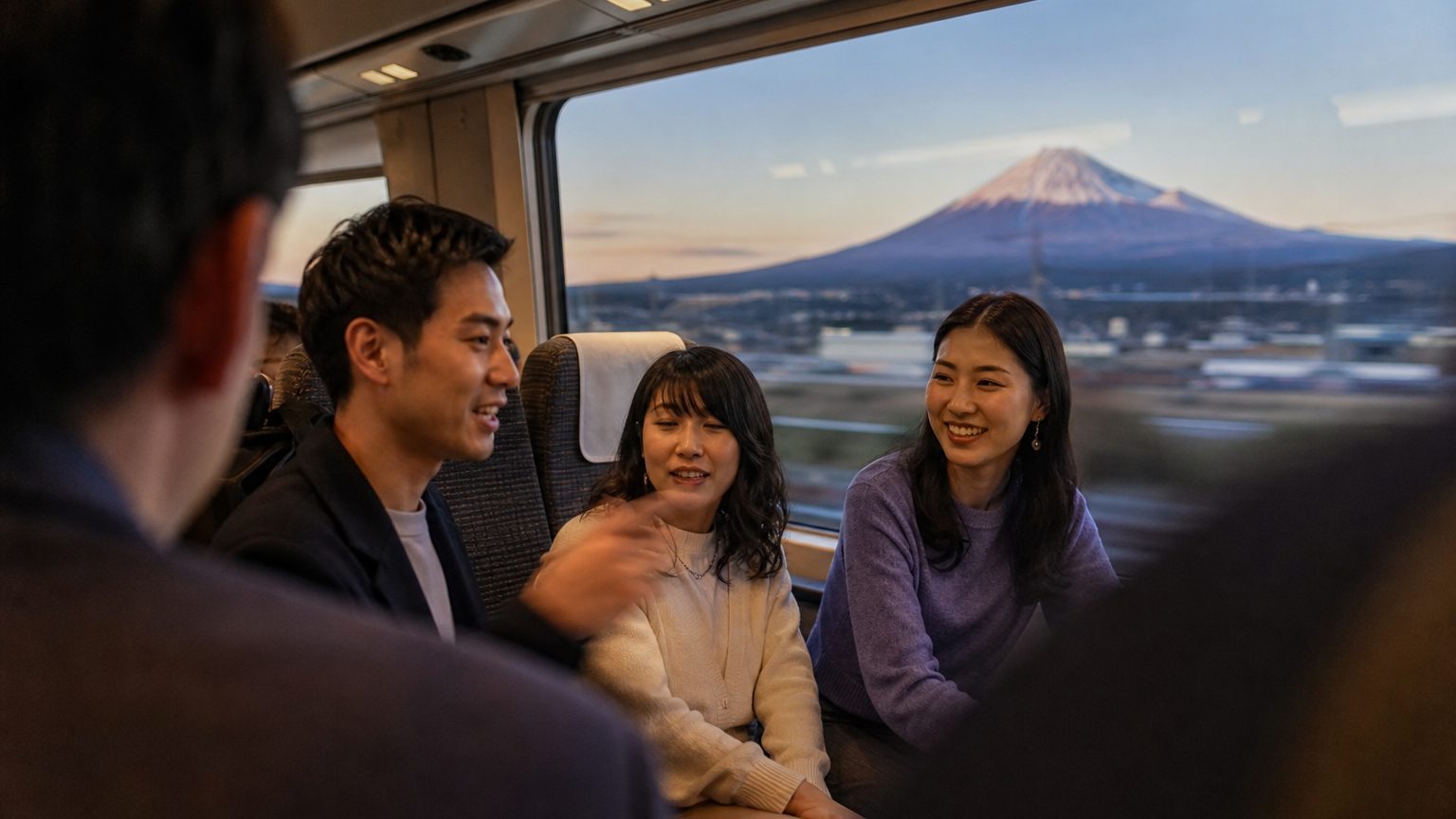 A Shinkansen train car interior where a small group of incentive travelers in smart-casual clothing settle into forward-facing seats, Mount Fuji visible through the wide window as the countryside blurs past at speed.